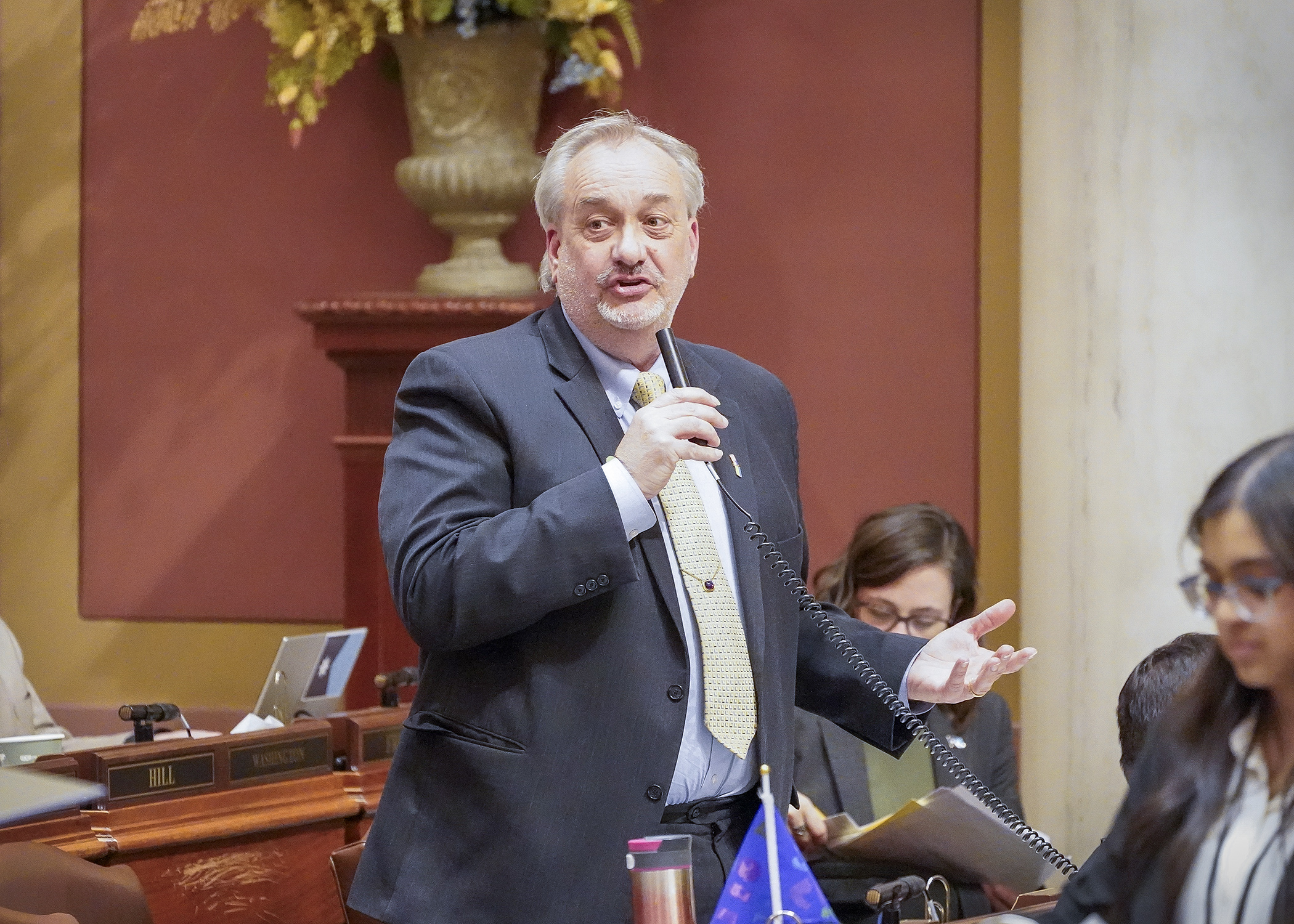 Rep. Rick Hansen presents the environment policy bill on the House Floor April 15. (Photo by Andrew VonBank)